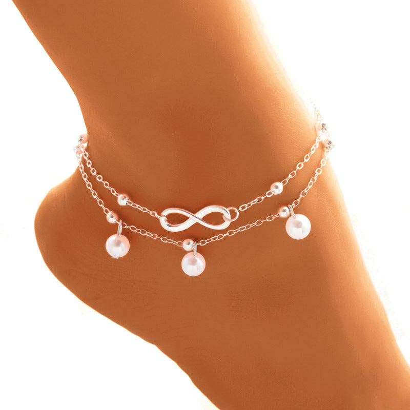 Women's Alloy Anklet With 8-shaped Double-layer Pearls